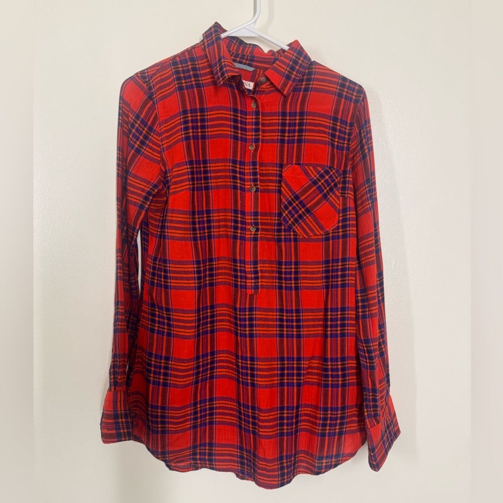 Merona Red and Navy Plaid Button-Up Henley Style Flannel Look Small Pullover